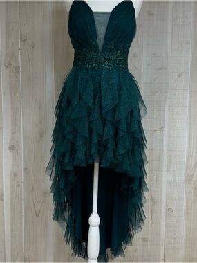 Pear Culture Strapless Emerald Green High Low Glitter Prom Dress Fairy Whimsy